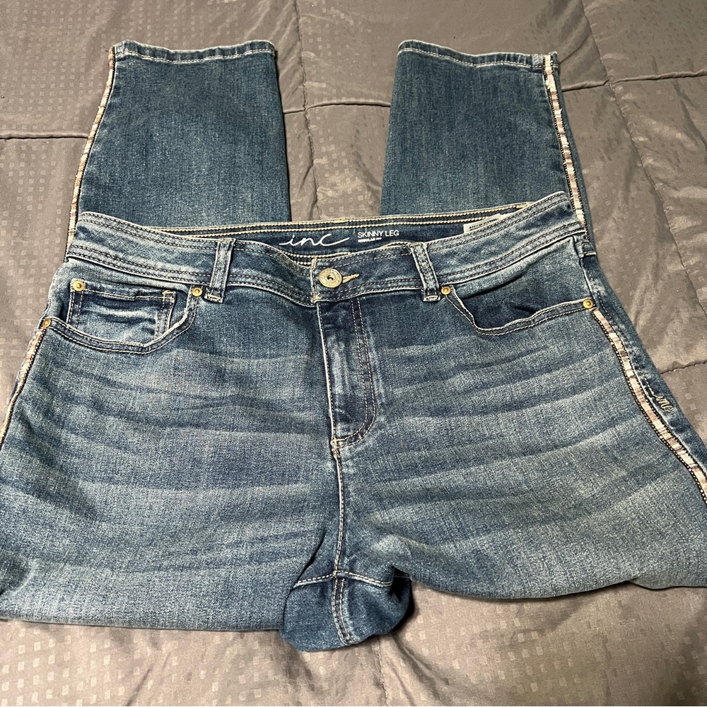 INC International Concepts Skinny Leg Regular Fit Blue Jeans Stripe Edge Size 12